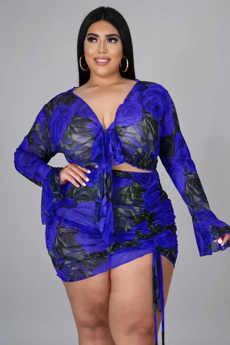 KEXU Sheer Print Mesh Women Plus Size Set  Full Flare Sleeve Bandage Crop Tops Shirring Skirts Two Piece Sets Sexy Outfit Summer