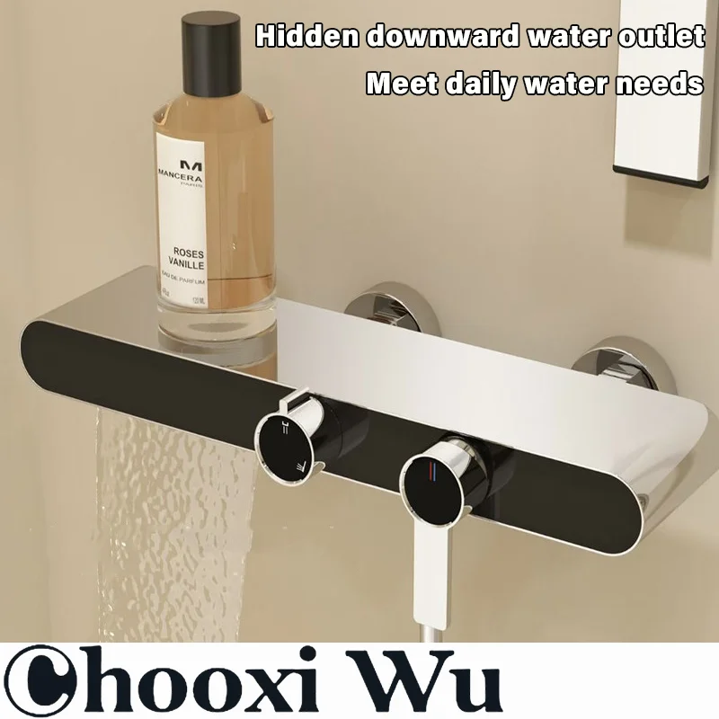Simple split no top spray silver showerhead set, minimalist storage platform, hot and cold brushed gold mixed water valve shower