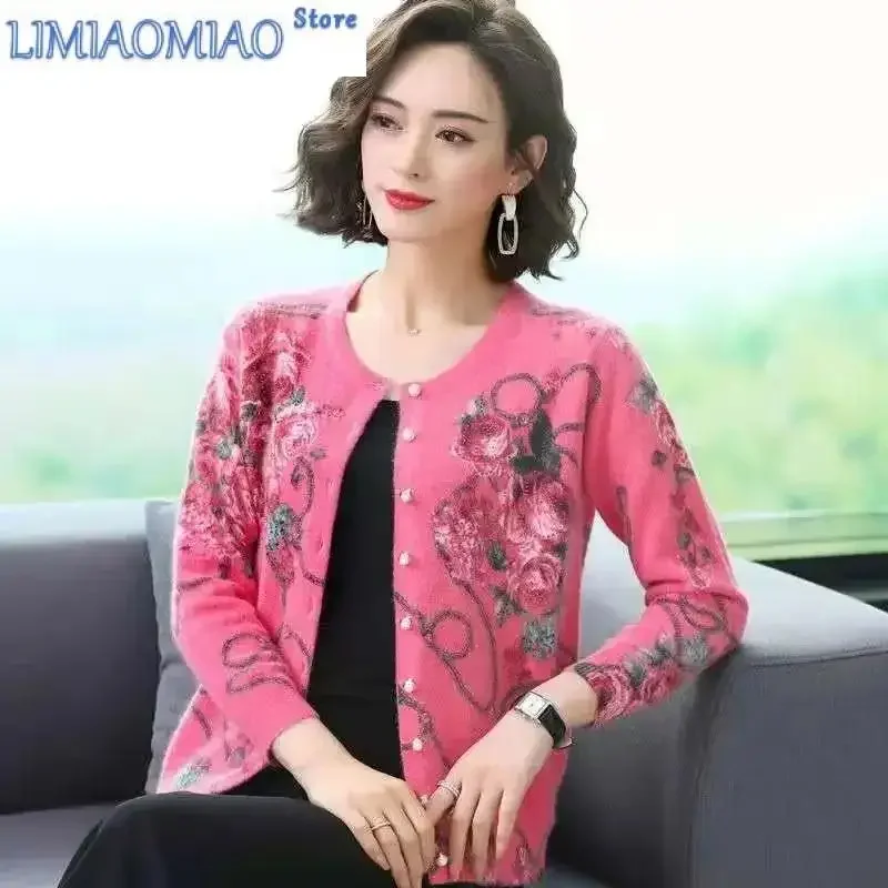 

Fashion Autumn Winter Printed Coat Knitted Clothes New Plus Size Mother Loose Hot Drilling Cardigan Sweater Primer Shirt