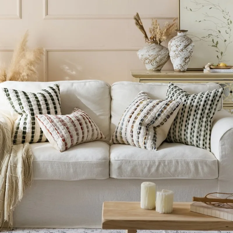 2-Piece Tuffed Velvet Pillow Cover Boho Stripe Cushion Cover in Rust & Sage Green Chenille Textured Decorative Pillow Case