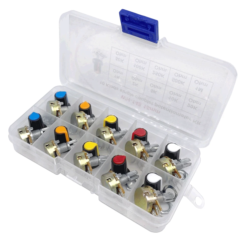 

10 Kinds 15MM Single Coupling Potentiometer Set B1K 2K 5K 10K 20K 50K 100K 250K 500K 1M WH148