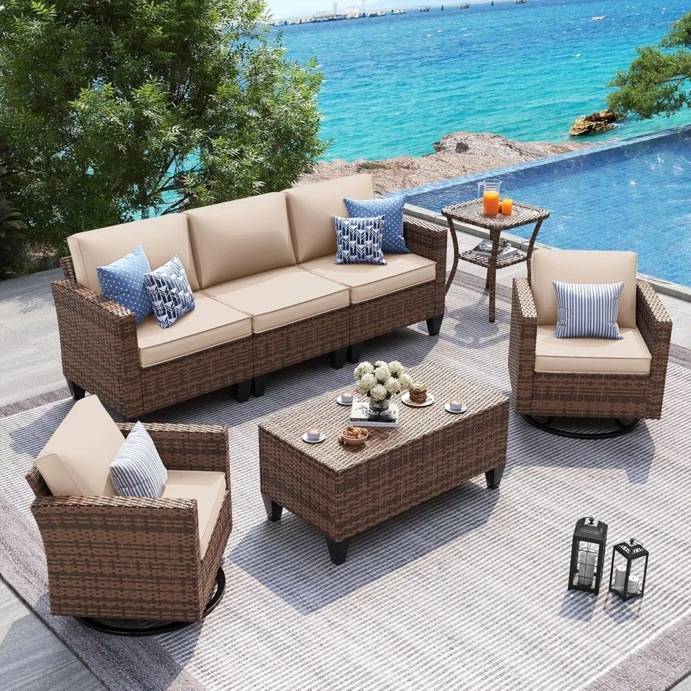 

Patio Furniture Set, 5 Pieces Outdoor Conversation Sets with Rocking Swivel Chairs, Wicker Rattan Outdoor Sofa Set with Storage