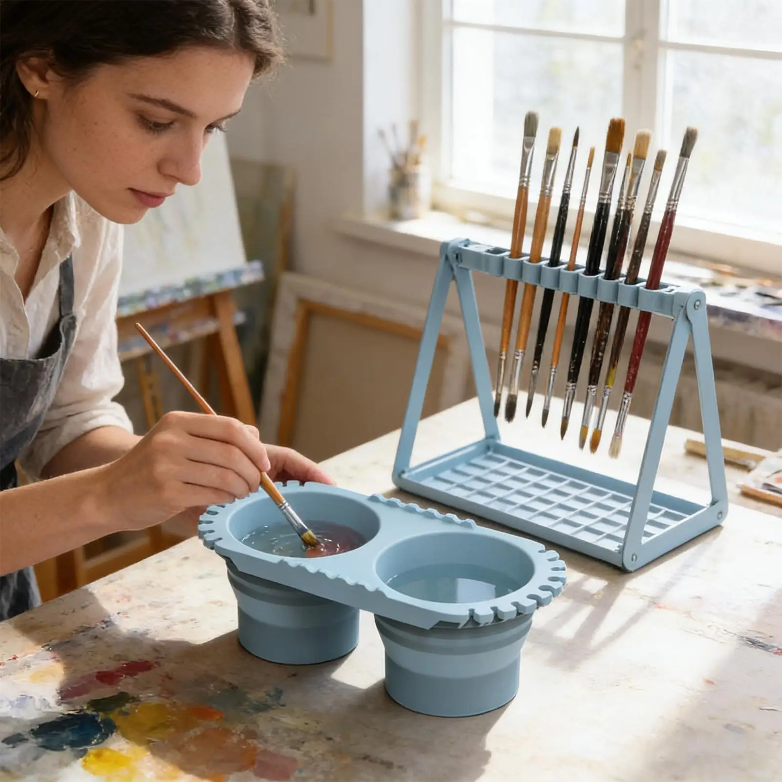 Portable Foldable Paint Brush Washer Silicone Mini Wash Water Bucket Holder Foldable pen holder and cleaning cup pigment tray ﻿