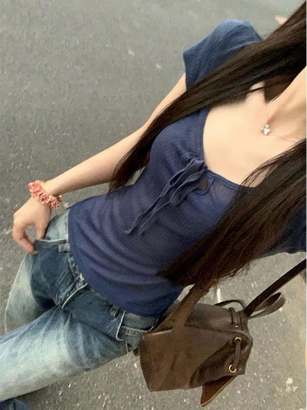 

Korean Sle ort Sve ort T-irt Women's Summer Slim Fit Transparent Versatile V-Ne Pure Color Top Korean Sle