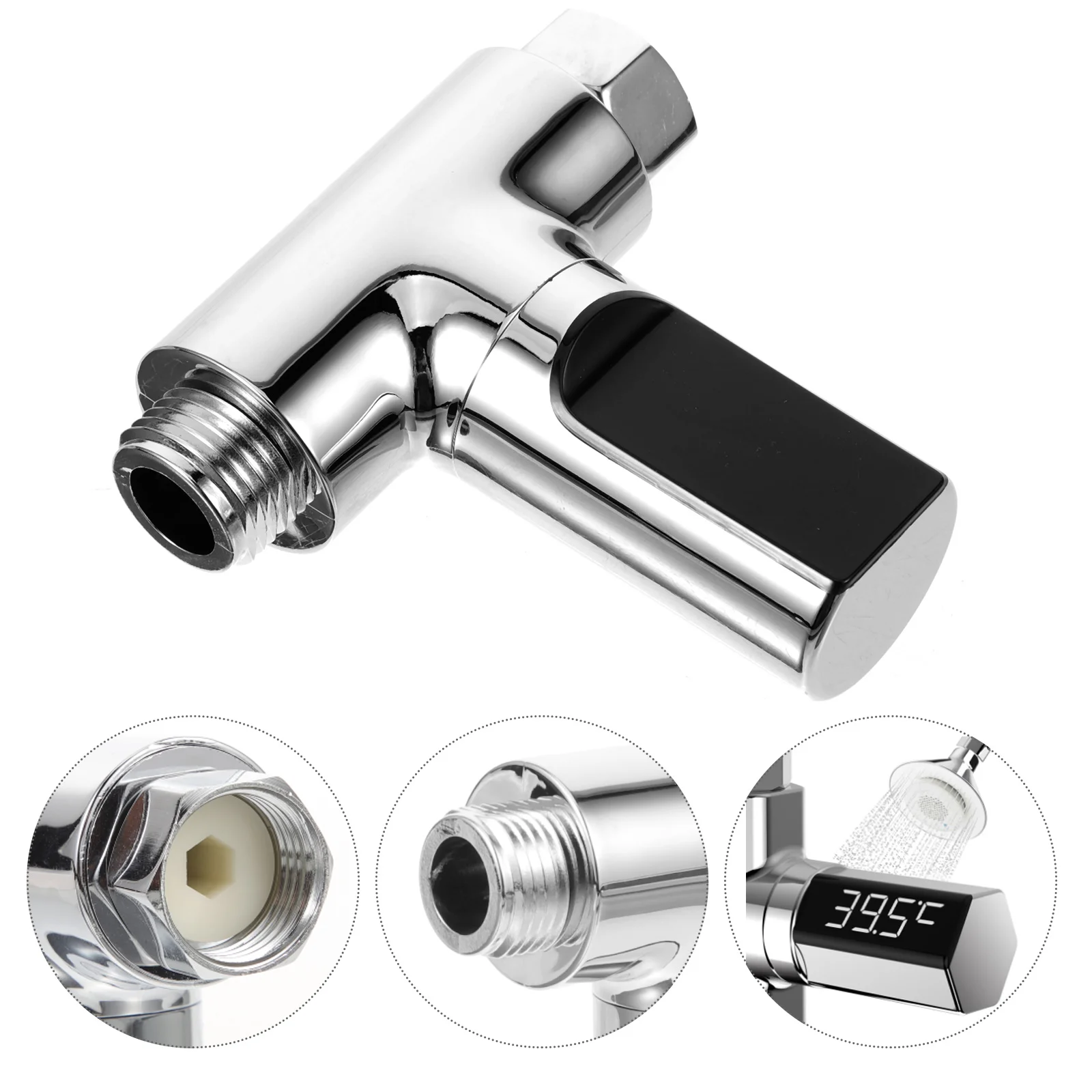 

Silver LED Digital Shower Thermometer Free Real Time Water Temp Display 360 Rotatable Screen Hydro Generator Powered