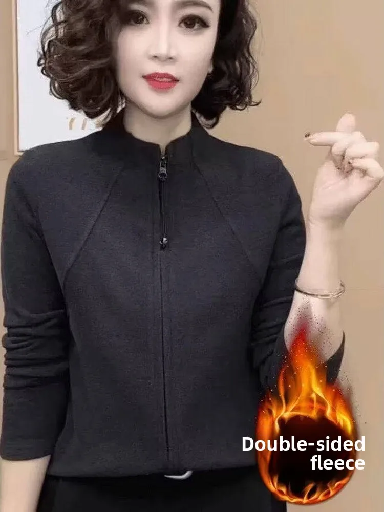 

2026 New Fashion Stand Collar Long Sleeve Zipper Open Cardigan Women's Mom Clothes Autumn Winter Pure Color Double Sided Mous...