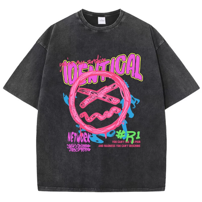 

Fashion Women Cotton Washed T-Shirt Funny Sad Expression Graffiti Print Tees Summer Street Short Sleeve Oversize Female Clothing