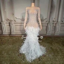 BeitifuBaby Women Evening Dresses Split Club Luxury Feather Long Sleeved Rhinestone Cocktail Dress Vestidos Elegantes Para Mujer