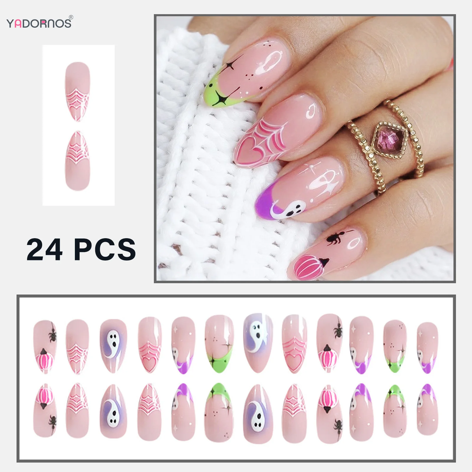 24 Stück handgemachte rosa künstliche Nägel Mandel Liebe Herz Spinnennetz Geist Designs drücken auf Nägel volle Abdeckung tragbare Maniküre für Halloween