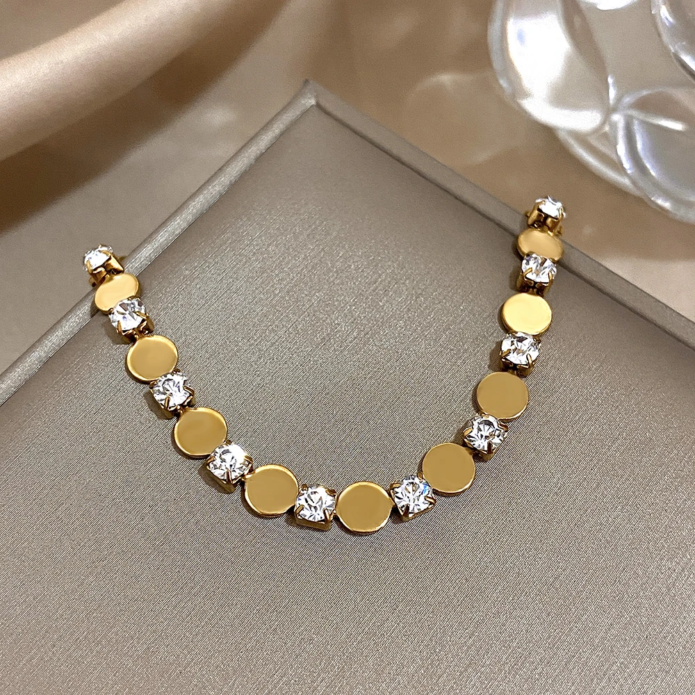 Greatera Women\'s Cubic Zircon Filled Bangle Gold Color Round Geometry Stainless Steel Simpl Bead Spacing Drill Bracelet Jewelry