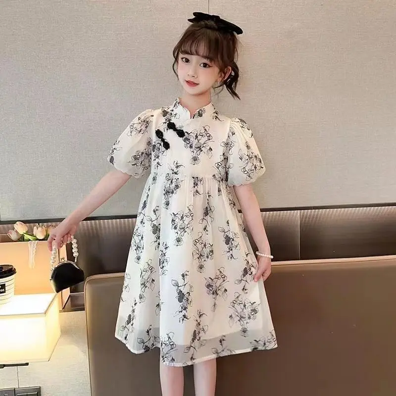 

Girl Dress Summer New Children's Clothes Vintage Cheongsam Dress Ink Painting Children's Princess Dresses Summer 6 8 10 12 Years