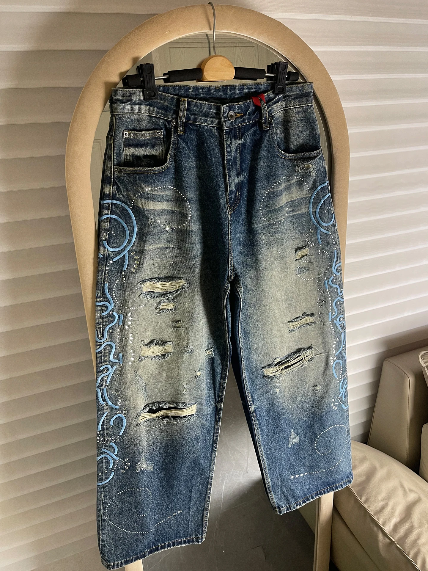 

Parisian Sle Heavy Embroidery Rhinestone Denim Jeans Men's American Trendy Loose Straight Hip Hop Wide Leg Pants