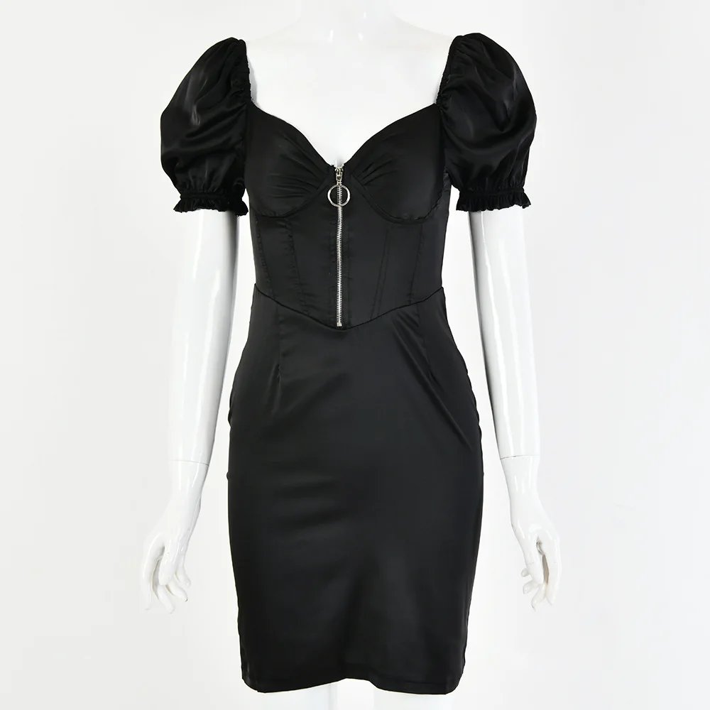 Damski top tuba w stylu INS, nowość na jesień 2021, jednolity kolor, satynowa sukienka z głębokim dekoltem w serek i bufiastymi rękawami, modna.