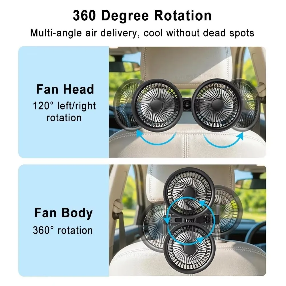 Dual Head Car Backseat Fan Multi Angle Adjust 360° Rotatable USB Car Fan Strong Air Flow Easy Install Portable Car Fan