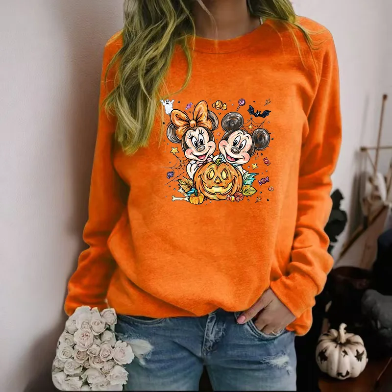 

New Women's Halloween Mickey Minnie Printed Sweatshirt Fall Long Sleeve Women's Pullover Tops