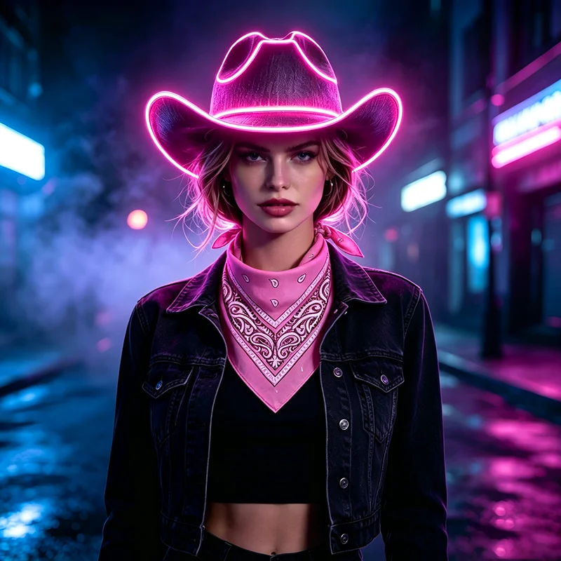 Neon Light Up Cowgirl Hat With Paisley Bandana Set luminous Cowboy Hat Rave Festival Outfit Halloween nightclub Cosplay