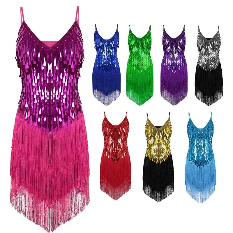 Womens Straps Sparkling Sequins Gowns Rhythm Ballroom Salsa Samba Rumba Tango Latin Dance Dress