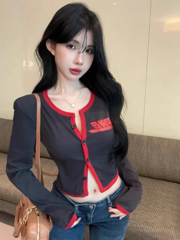 

American Style Color Block Shoulder Pad Long Sleeve Knitted Cardigan Short Top Sexy Spicy Women's Base Shirt Autumn Wear