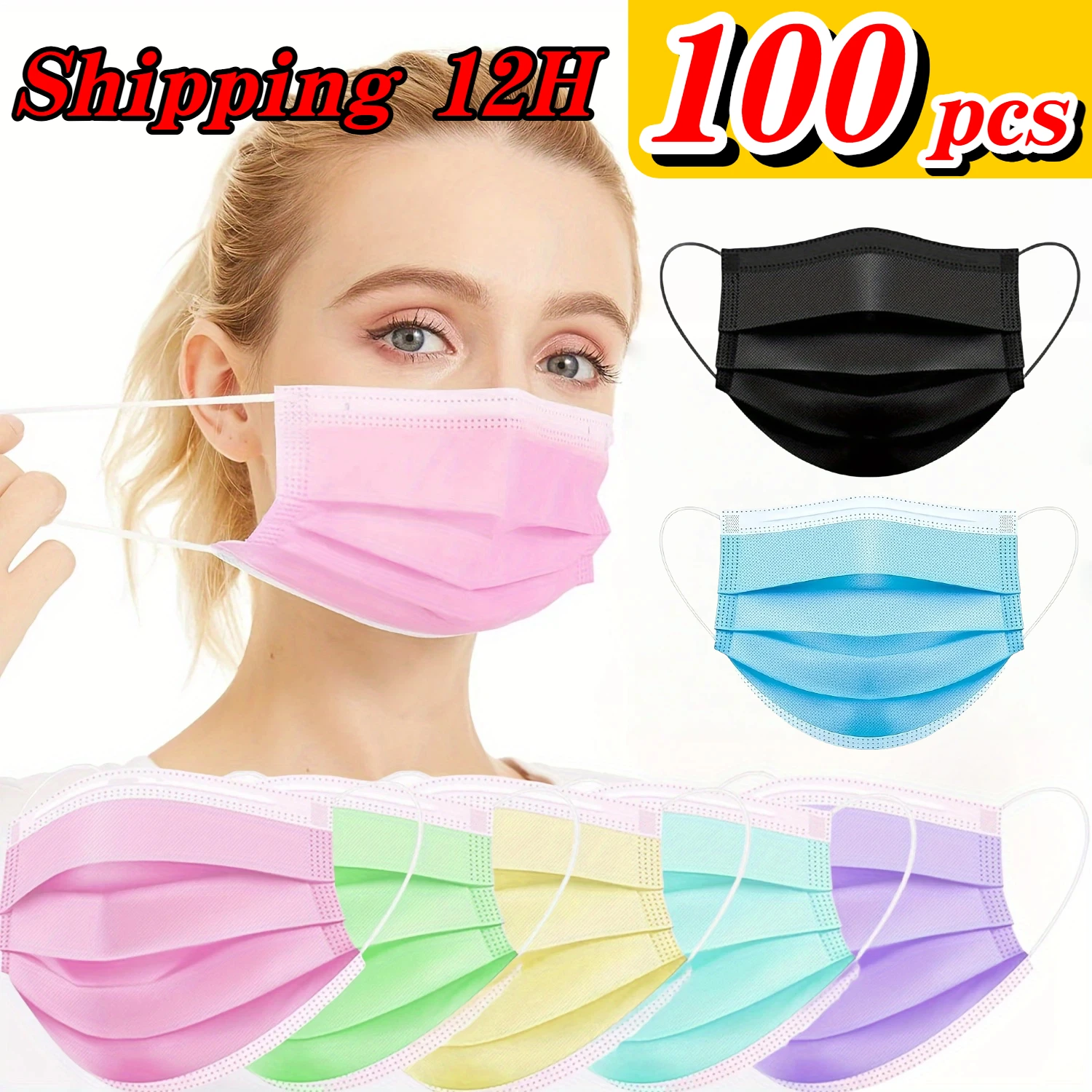 100pcs disposable protective mask -8 colors to choose from, 3 layers breathable and comfortable, outdoor, home, commuting, offic