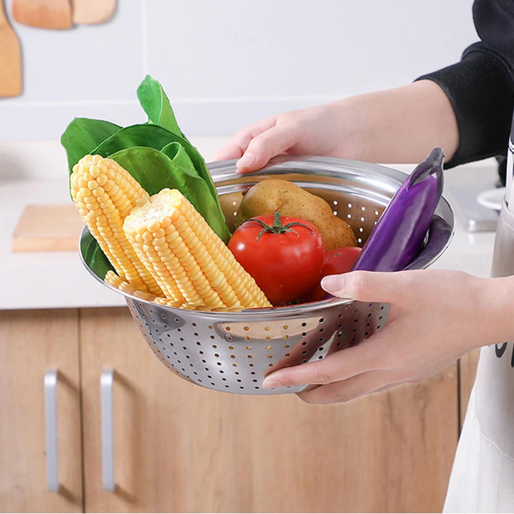 

1pc Stainless Steel Washing Basin 30Cm Drain Basket For Kitchen Vegetable Fruit Pasta Seafood Cleaning Dishwasher Safe Silver