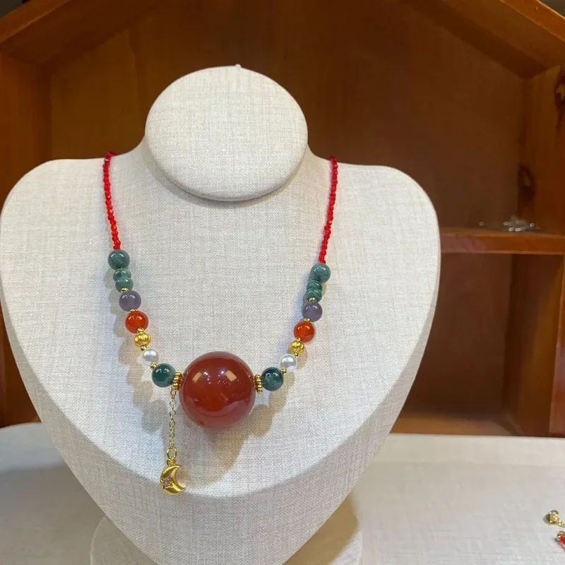 Clavicle Chain Wholesale New Chinese Handmade Beaded Neck Chain Jewelry 20MM Nanhong Agate with Jade Clavicle Chain