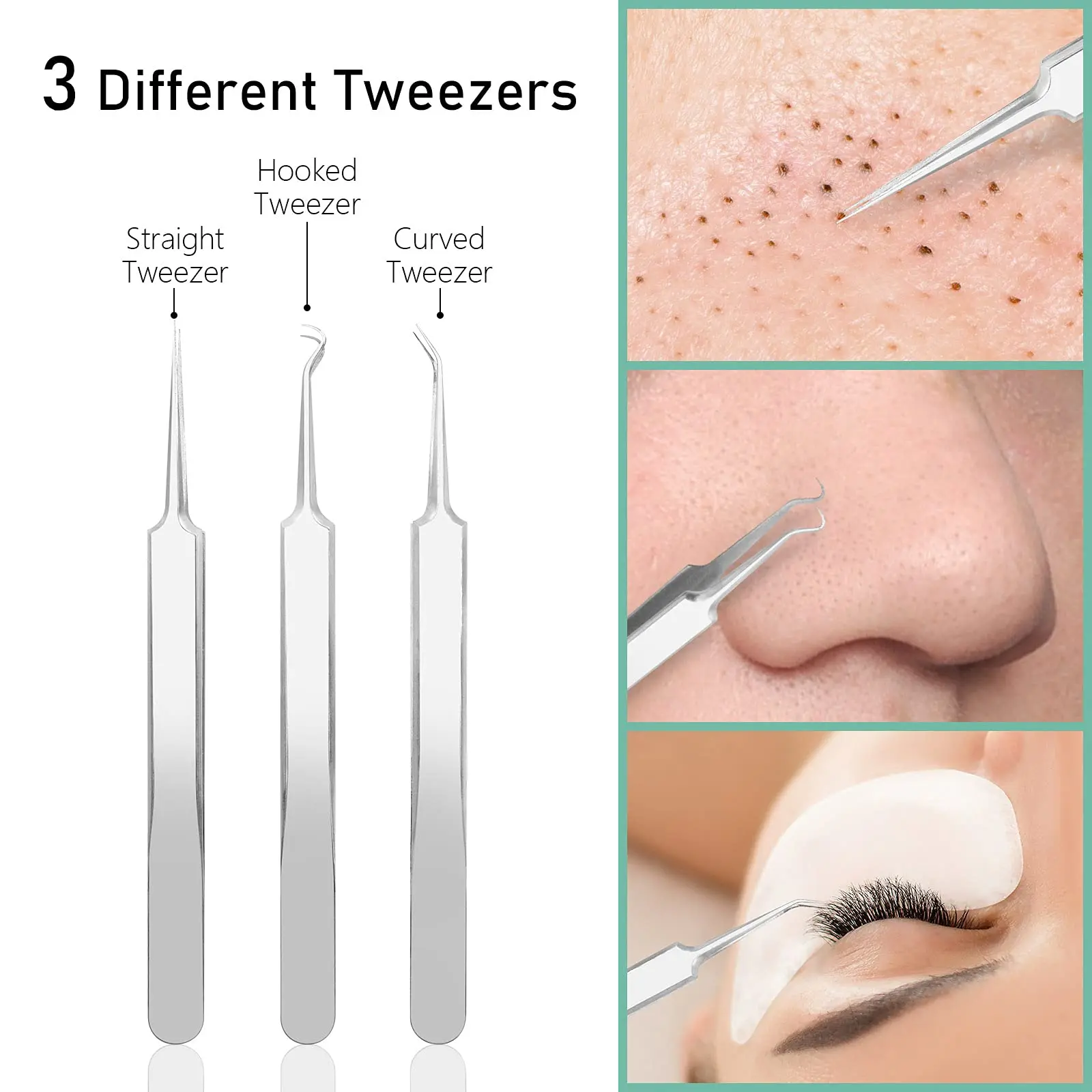 8-Pack Blackhead Remover Pimple Squeezer Set Pimple Extraction Needle Facial Pimple Clip Blackhead Tweezers Metal Box