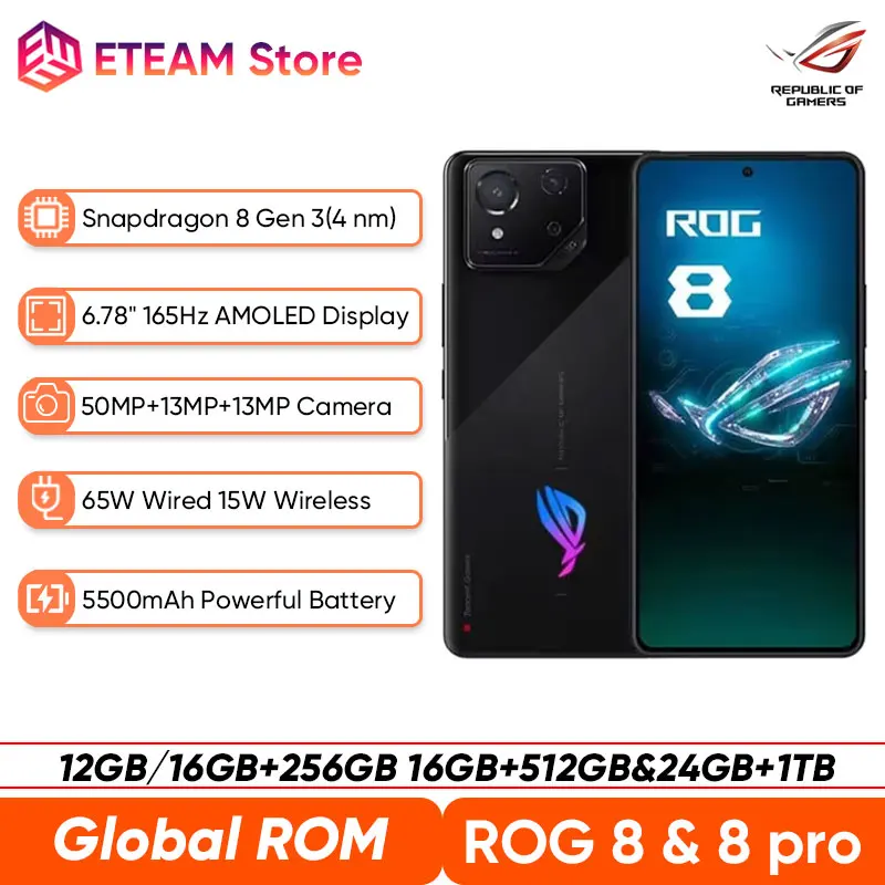 

2024 New ASUS ROG 8 & 8 pro 5G Gaming Phone Snapdragon 8 Gen 3 6.78'' 165Hz AMOLED Screen 5500mAh 65W Fast Charge Global Rom