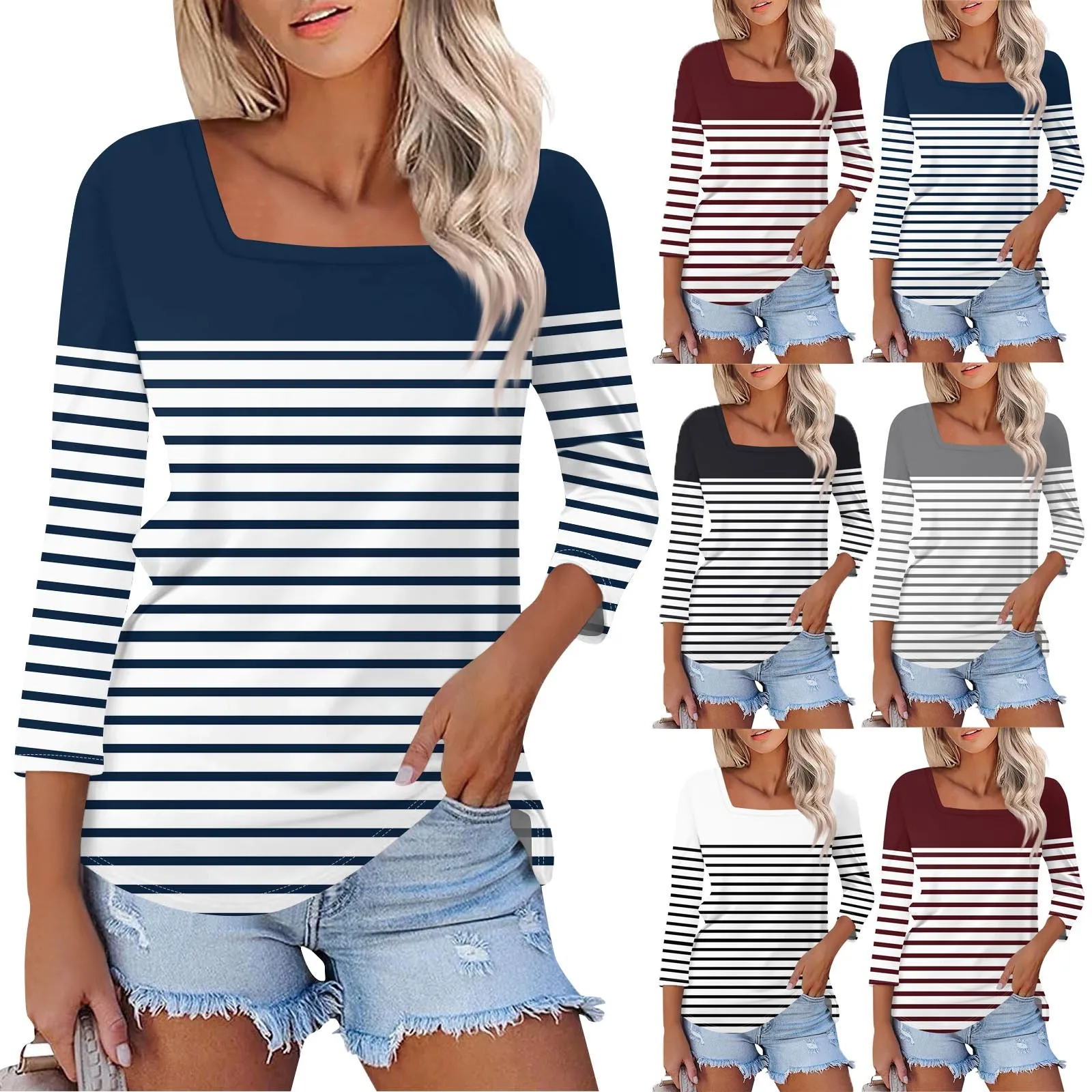 Women's New Button Round Neck Striped 3/4 Sleeve T-Shirt Slim Fit Casual Tops Women's Clothing Sale Items ropa de mujer ofertas