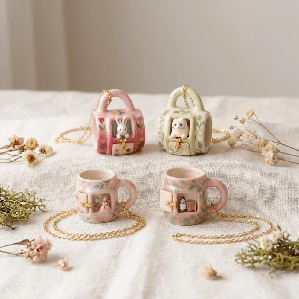 Lightweight Miniature Mug Pendant Necklace Gold Tone Floral Ceramic Necklace Bunny Cat Micro Scene Cartoon Jewelry