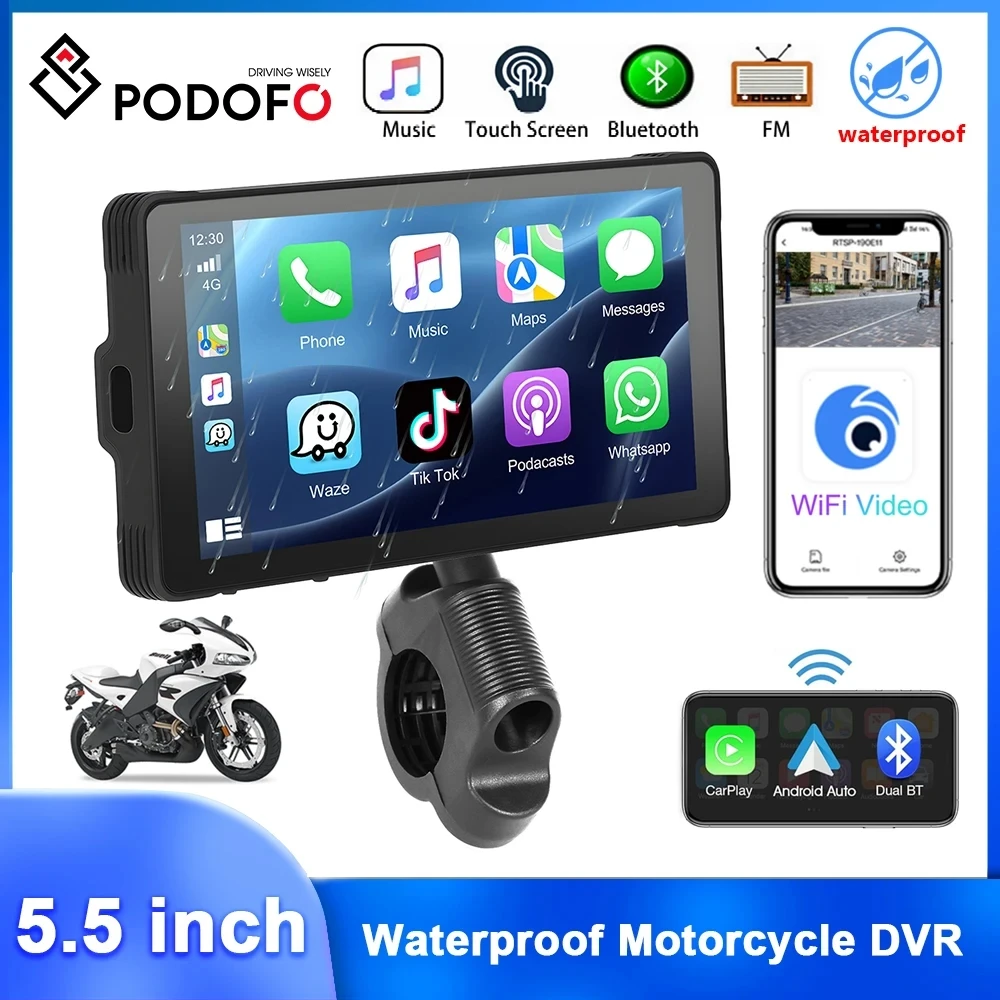 Podofo Motorcycle DVR 5.5inch Portable Smart Player Android Auto Waterproof Drive Recorder Bluetooth WiFi Carplay Motorcycle