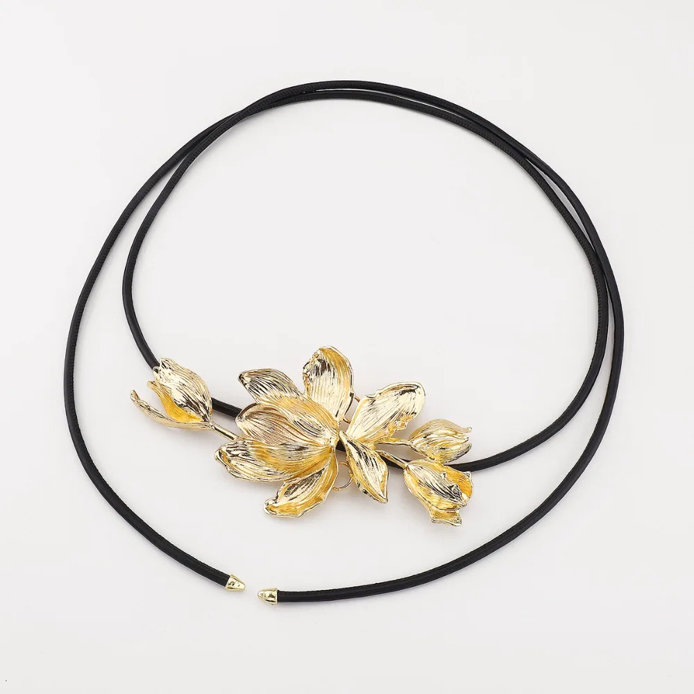 Fashion Vintage Tulip Waist Chain Elegant No Punching Alloy Flower Belt Large Simple PU Leather Rope Belt Pants