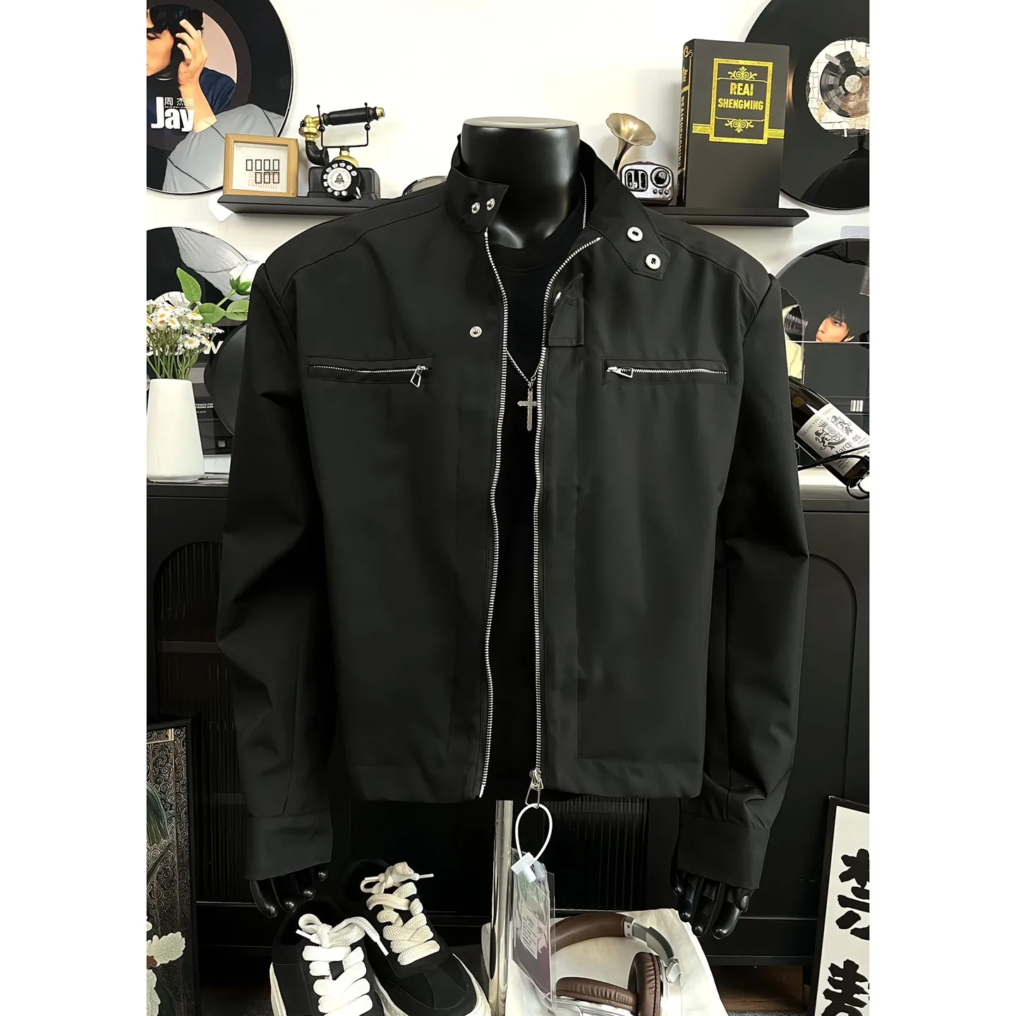 

Bla ort Biker Jaet Men's Sle Autumn High-End Feeling Cool Stand Collar Outerwear Cleanfit Motorcycle Clothes