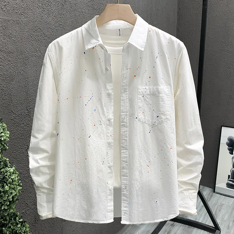 

Spring and Autumn Printed Long Sleeve Shirt Men's Casual Loose All-match Square Collar Button Spliced Cardigan