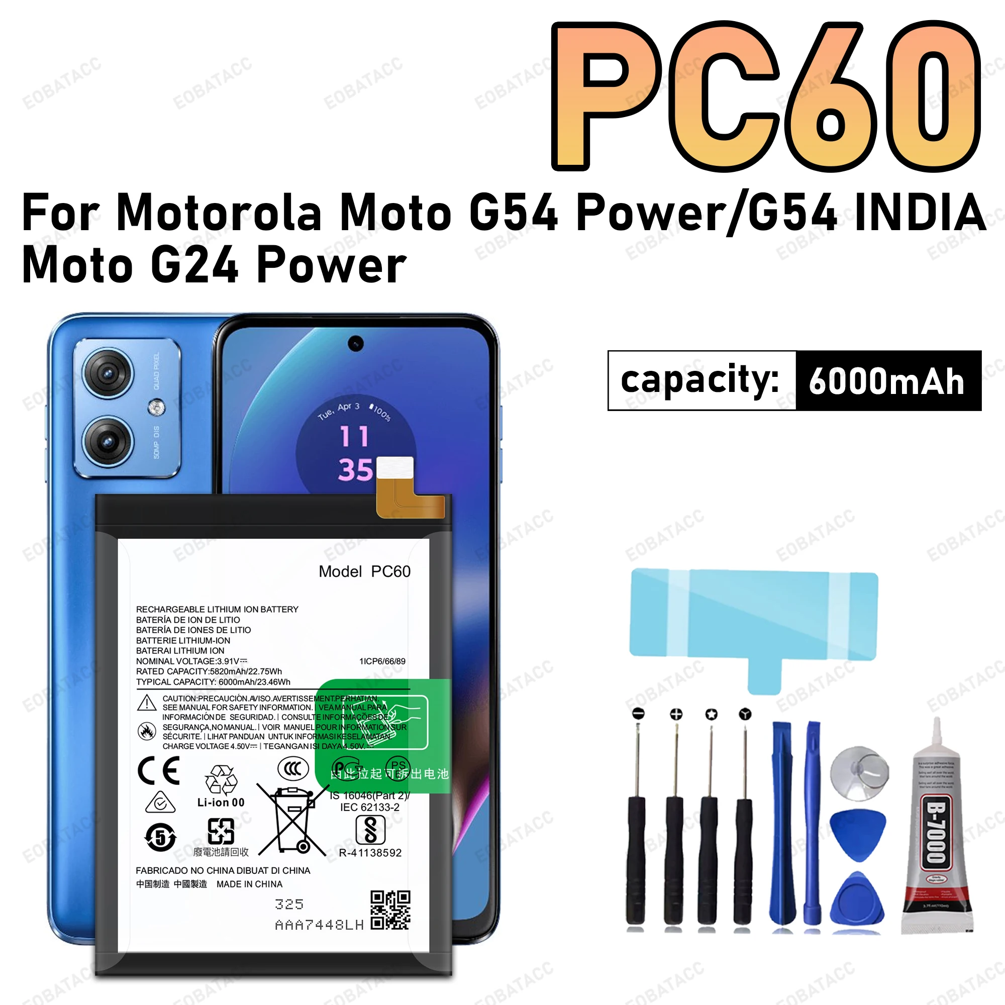 100% New High Quanlity PC60 6000mAh Battery For Motorola MOTO G24 G54 5G /G54 Power 5G phone Replacement Batteries Batteria