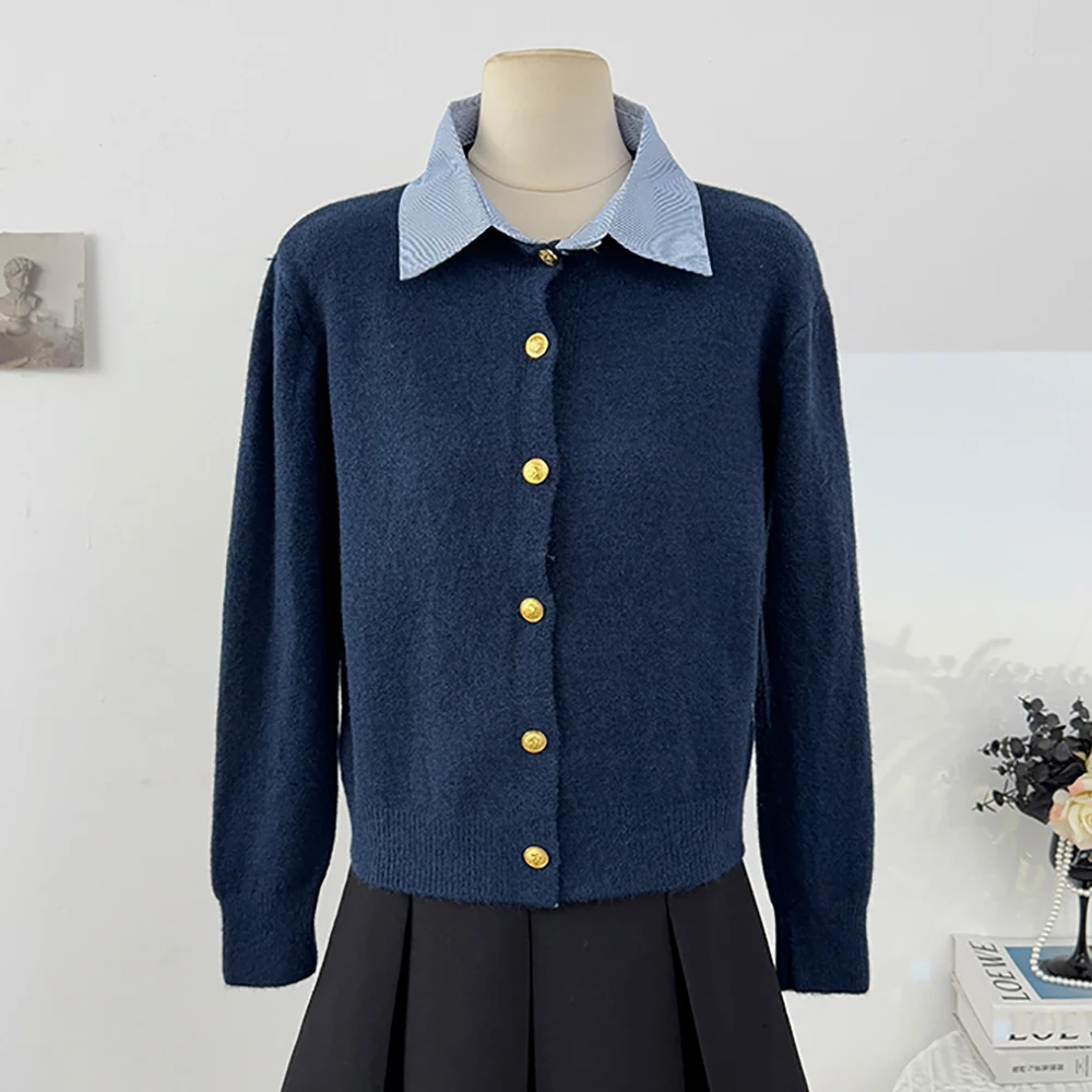 Gefälschte Zwei Stücke Gespleißt Pullover Strickjacken Koreanische Drehen Unten Kragen Gold Tasten Einreiher Stricken Outer Casual Pullover