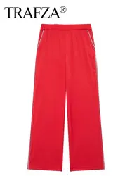 TRAFZA pantaloni con cerniera laterale con orlo da donna pantaloni a gamba larga con coulisse a vita alta pantaloni rossi Casual moda donna High Street