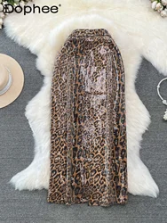 Leopard Print PU Leather Skirt Women Summer Fashion Temperament Office Lady High Waist Slimming Mid-Length Over-the-Knee Skirt