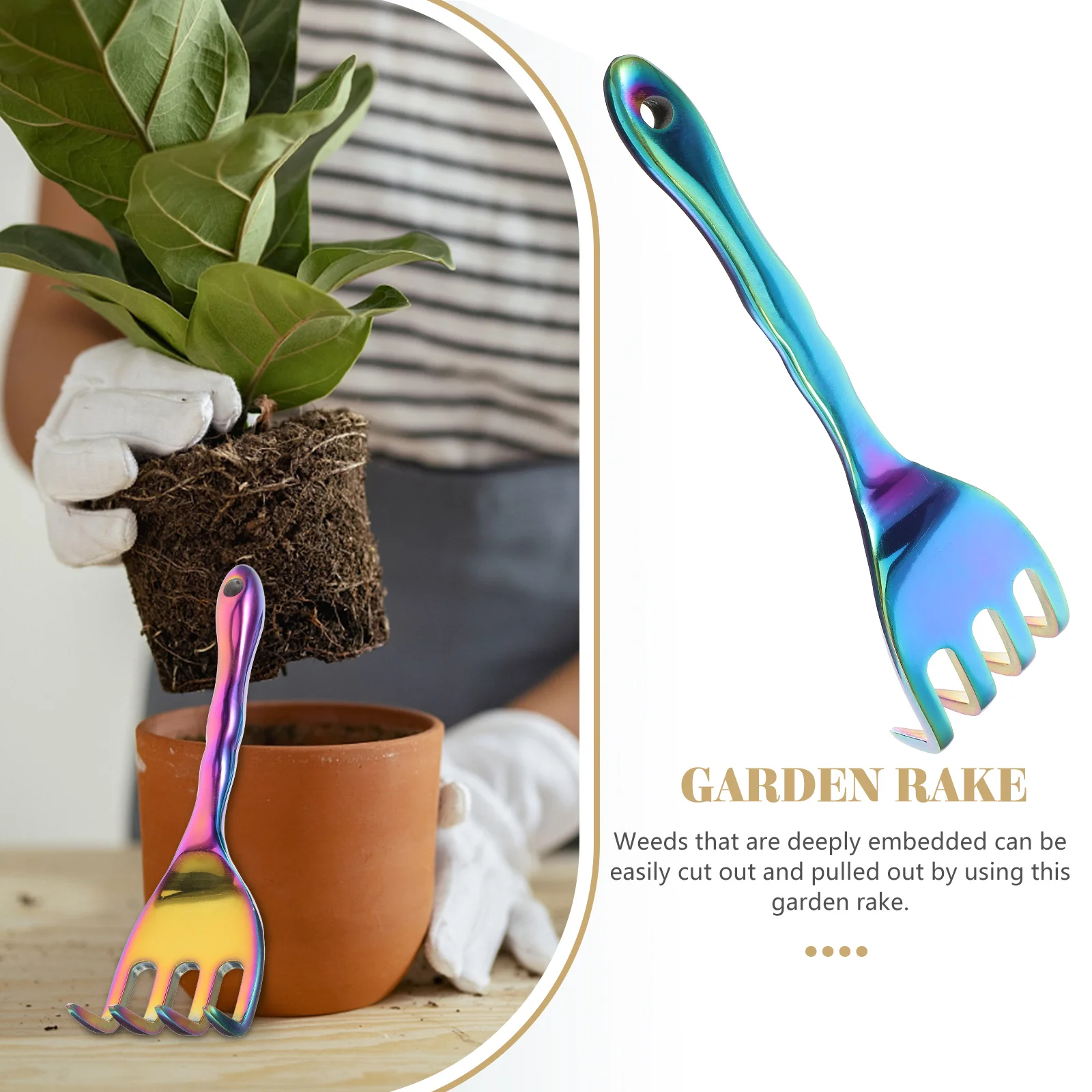 

Wave Handle 4-Tine Rake Garden Tool Aluminum Alloy Sturdy Light Weight for Lawn Weeding Soil Loosening Bonsai Transplanting