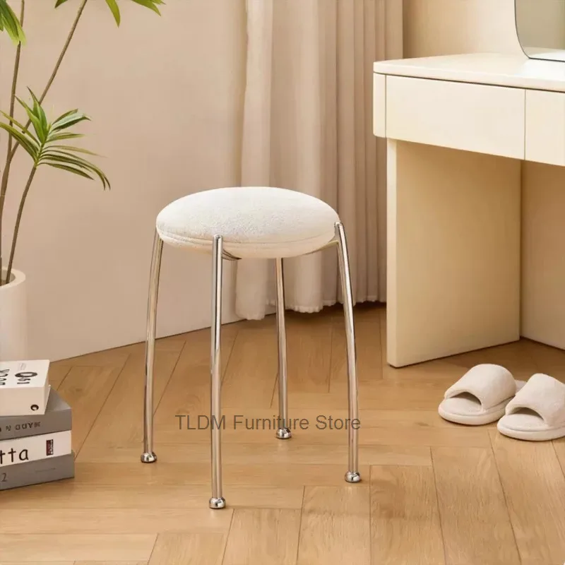 Cream Vanity Stool with Chrome Legs, Minimalist Round Accent Stool, Portable Upholstered Seat for Makeup Bedroom Living Room