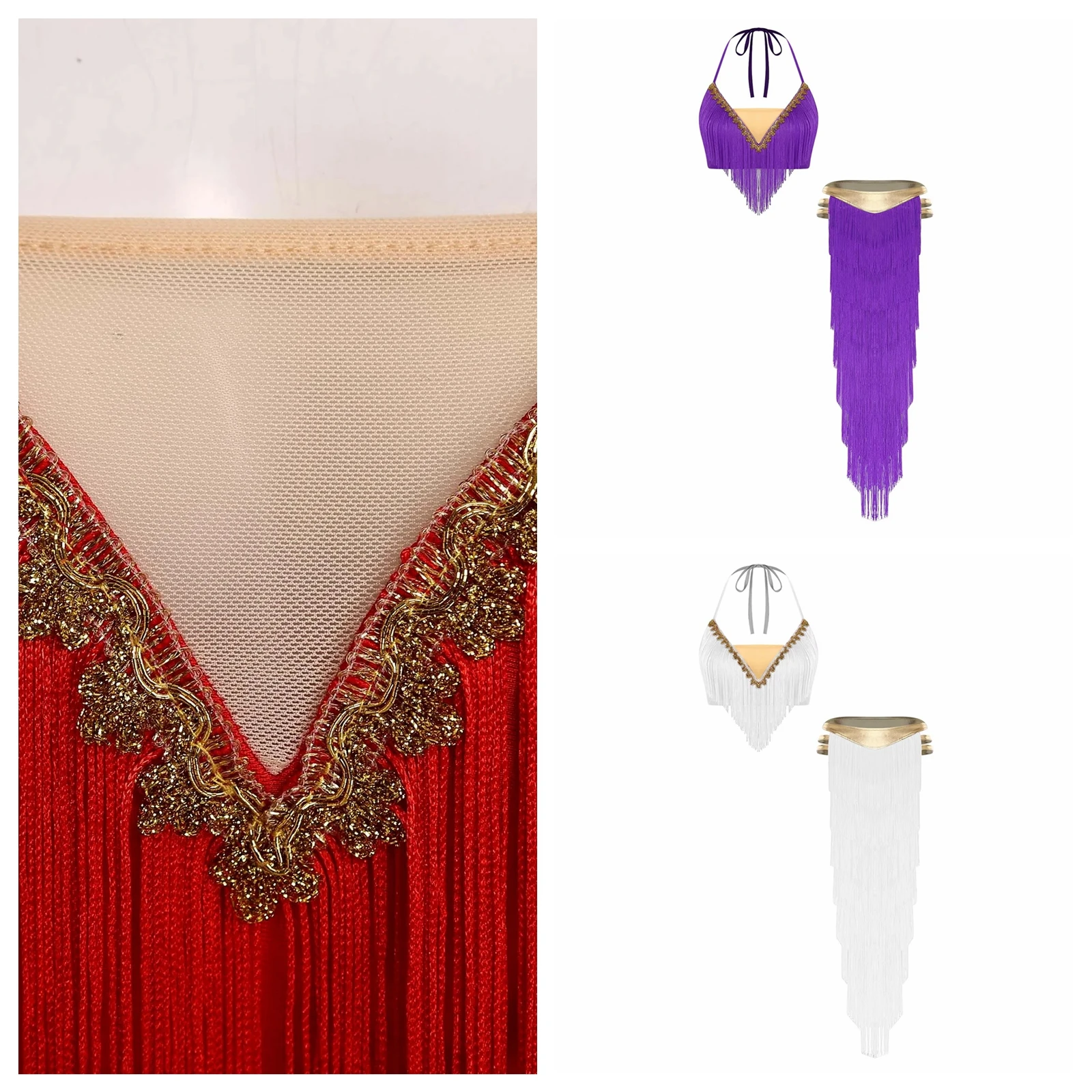 Women Adults Belly Dance Costume Ethnic Outfit Bra Top Fringed Lace-up Halter Tassel Slit Skirt Outfit Oriental Belly Dancewear