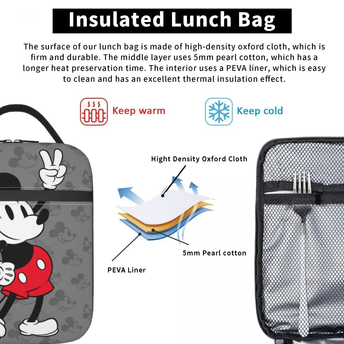 Tas makan siang terisolasi Mickey Mouse klasik, wadah makanan portabel tas Tote kotak makan siang pantai luar ruangan untuk anak laki-laki perempuan