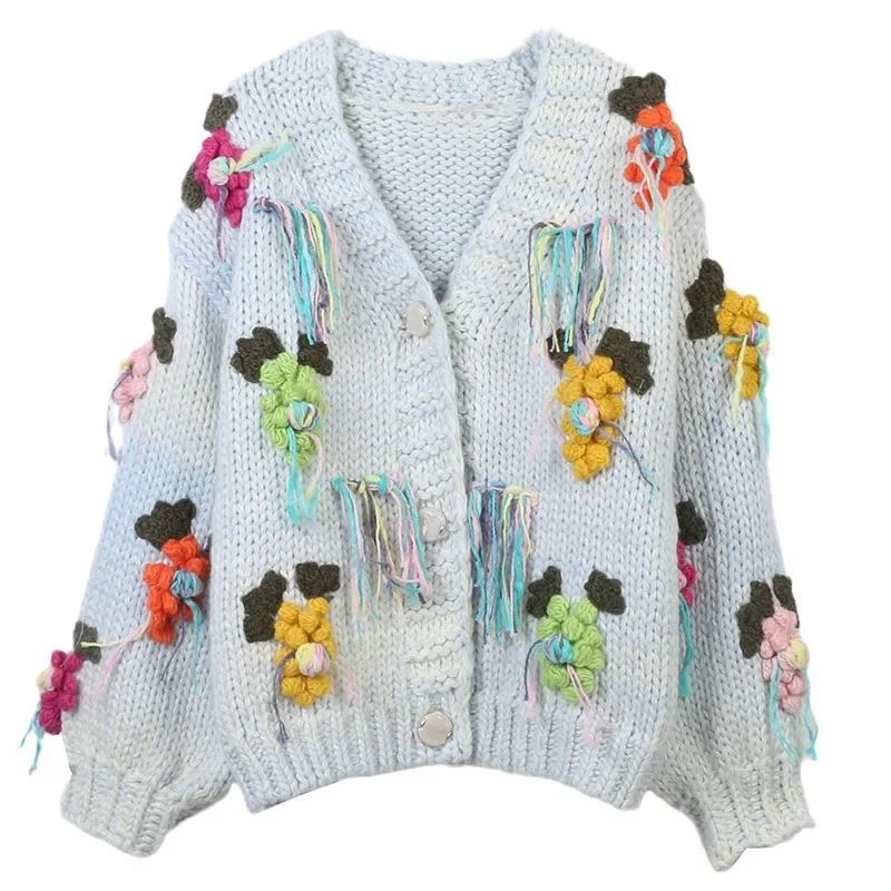 Cardigan tricoté au crochet avec pompon floral pour femme, pull à col en V, tricots amples, veste vintage, épais, 3D, hiver