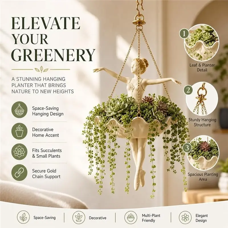 Resin Dancer Flower Holder Indoor Planter 2Pcs Multifunctional With Top Hook And Three Chains, Decorative Plant Display