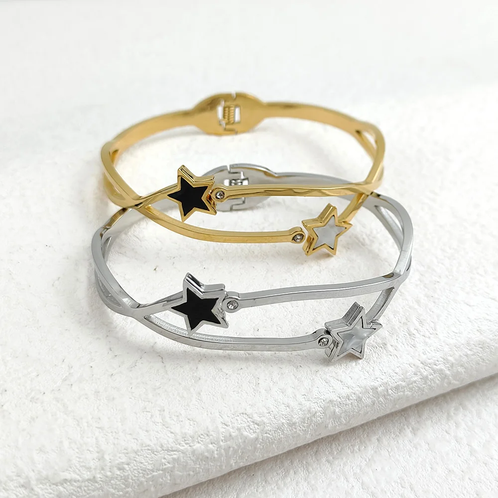 Fashion Black and White Star Zircon Bangles for Women Gold Stainless Steel Jewelry Bracelet Valentine's Day Gift for Girlfriend