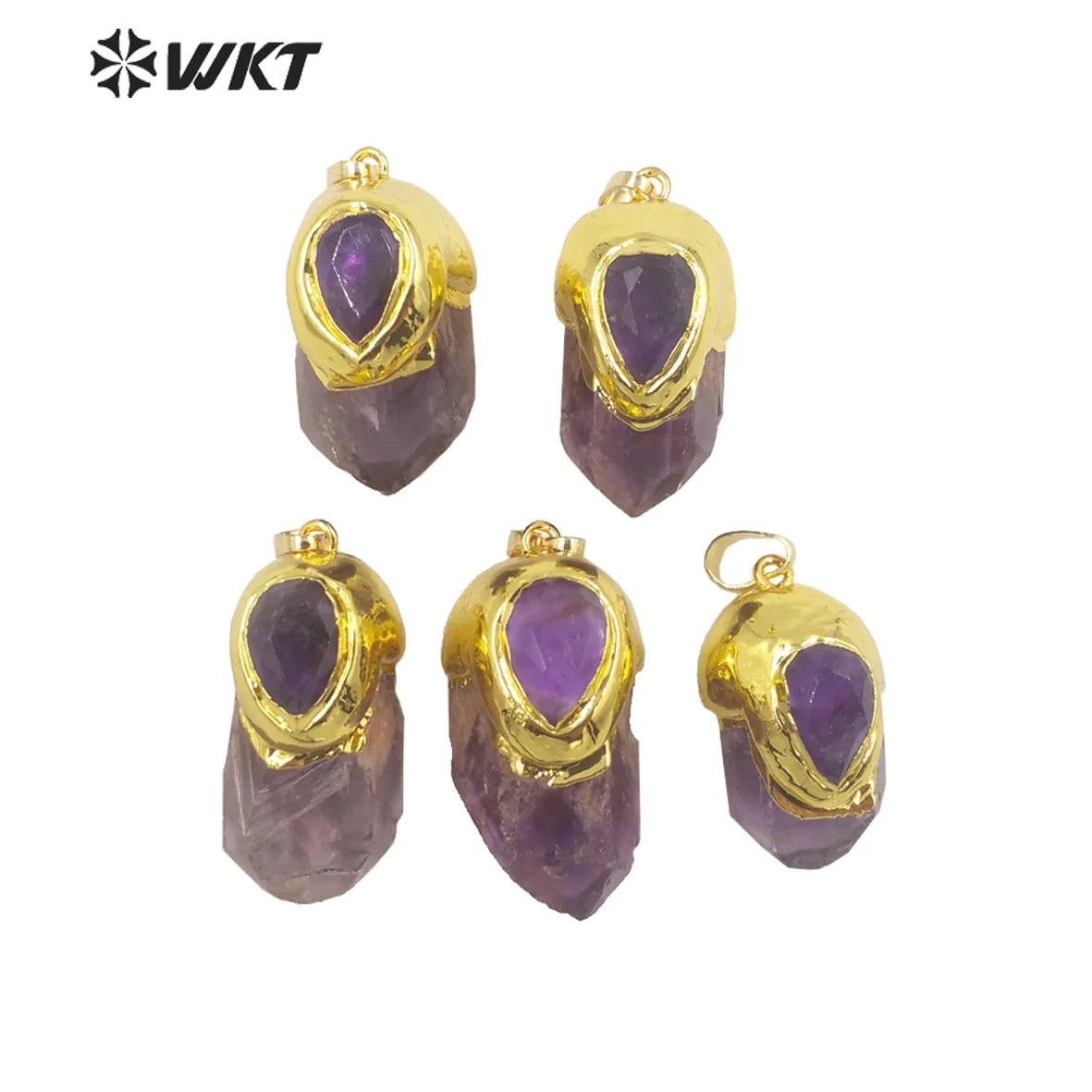 WT-P1949 WKT New Design Natural Amethyst Healing Point Stone Pendant For Necklace Charming Gold Drop Purple Unique Jewelry