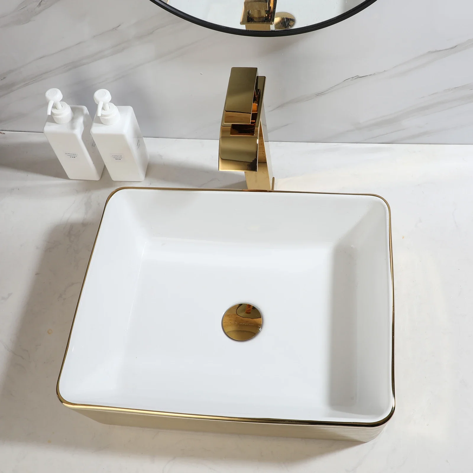 Gold Ceramic Vessel Sinks for Bathroom White Rectangle Above Counter Bathroom Vessel Sink with Faucet and Drain Combo