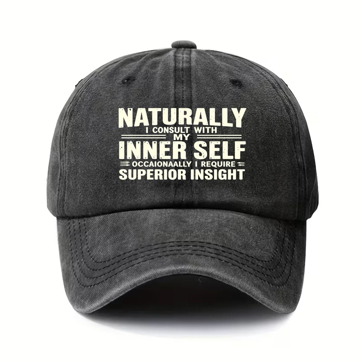 Baseball Cap, Washed and Vintage-Style, Adjustable Fit, Fashionable Retro, Lightweight, Natural, I Consult My Inner Self, Excellent Insight, Quote Text Pattern, for Daily Sports and Travel, Unisex, Gift for Him/Her