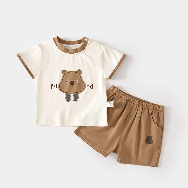 Baby Short-Sleeved T-shirt Suit Home Wear Thin Summer Boys and Girls Shoulder Open Shorts Loose Baby Outerwear