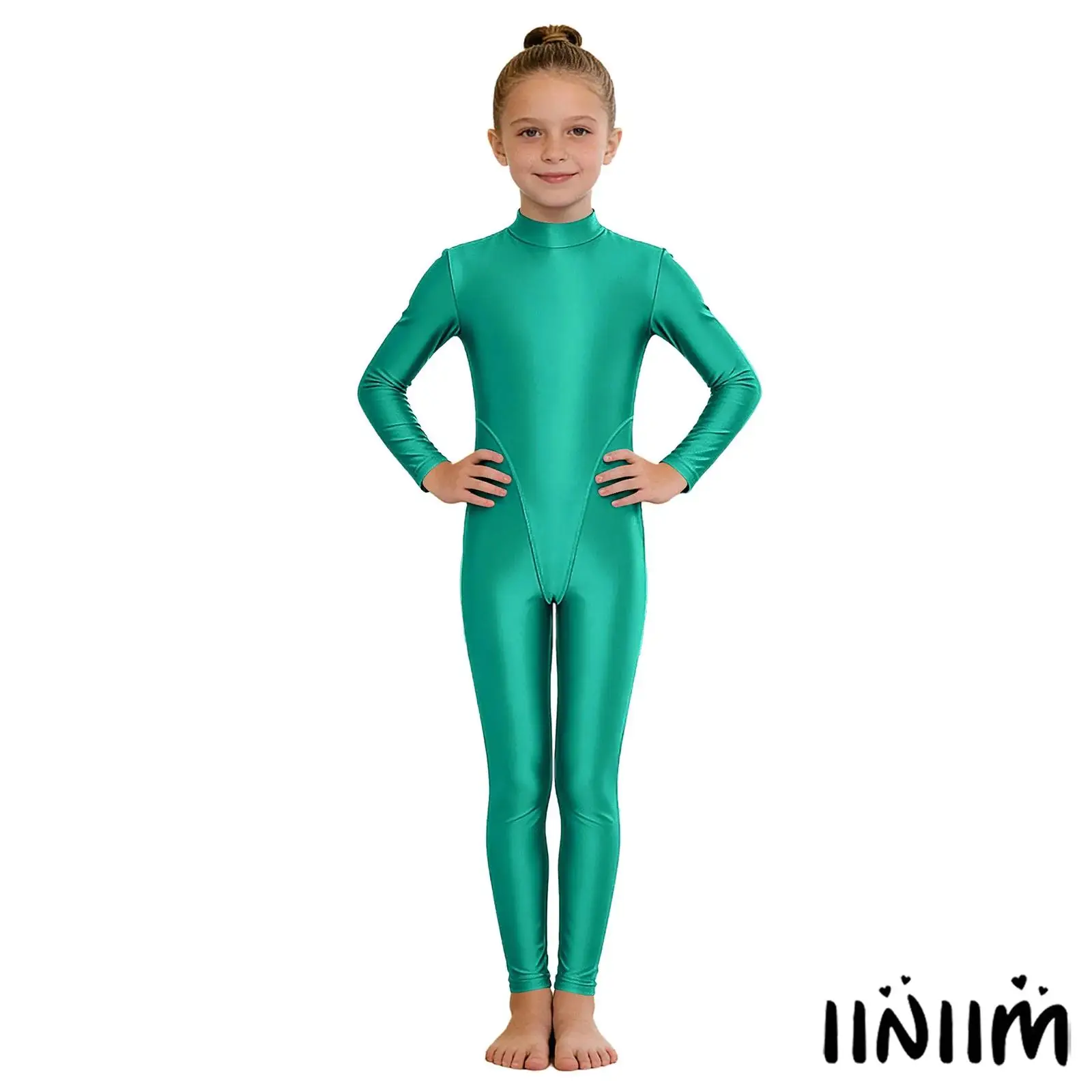 

Kids Girls Glossy Gymnastics Jumpsuit Mock Neck Long Sleeve Back Zipper Bodysuit Romper for Yoga Pilates Latin Dance Training