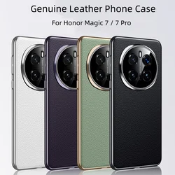Vintage Genuine Leather Case For Honor Magic 6 RSR 7 Pro Business Cover Electro-Ceramic PC Frame Lychee Texture+Lens Protector
